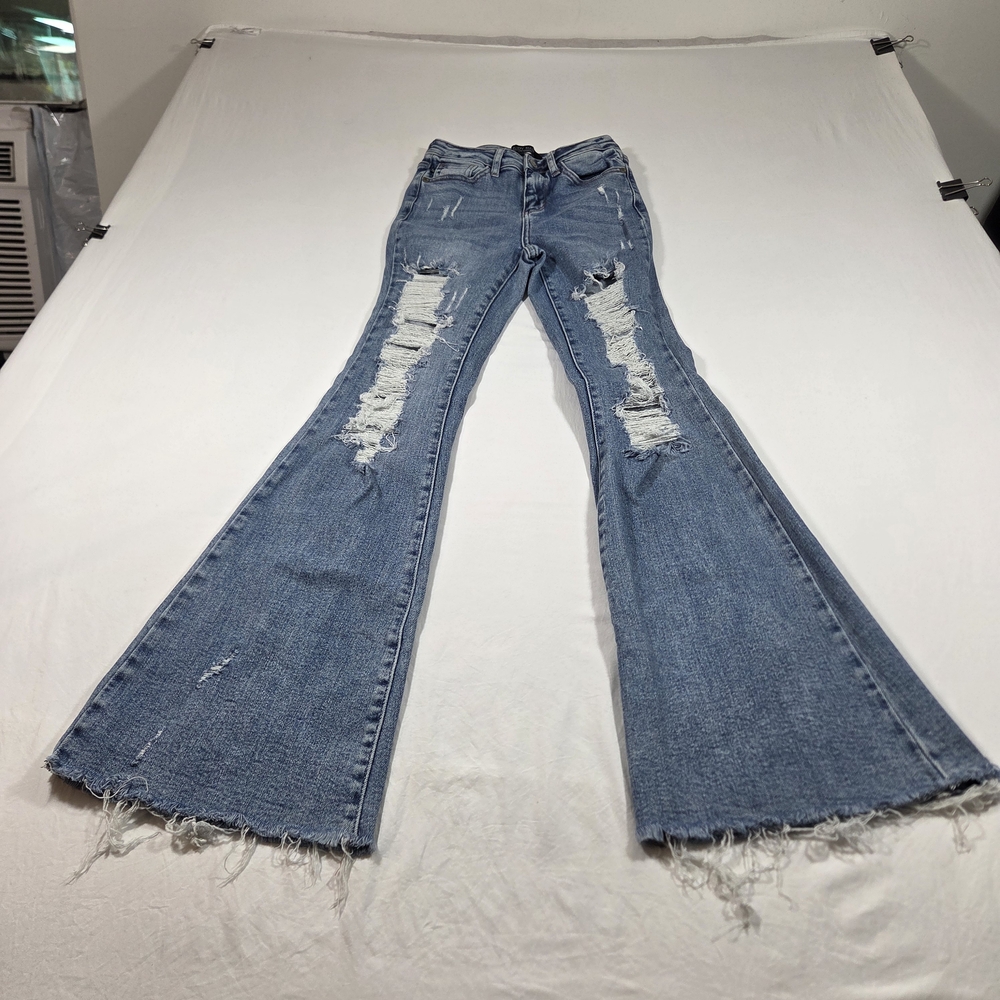 Judy Blue Flare Distressed Jeans High Rise Boho Medium Wash Festival Fringe Hem - Picture 13 of 13